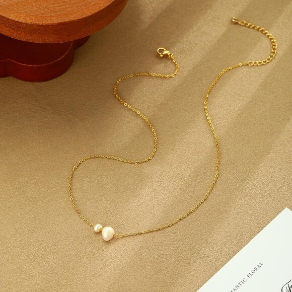 Women's 2 Gold Pearl Necklace 14k Gold Plated Dainty Pearl Necklace Choker - Picture 6 of 6